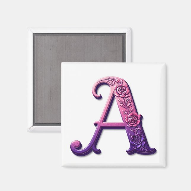 Modern Metallic Rosemaling Letter A, Pink/Purple Magnet (Vorderseite/Rückseite)