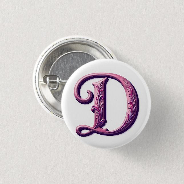 Modern Metallic Rosemaling Letter D, Pink/Purple Button (Vorne & Hinten)