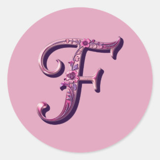 Modern Metallic Rosemaling Letter F, Pink/Purple Runder Aufkleber