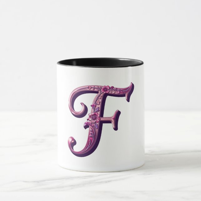 Modern Metallic Rosemaling Letter F, Pink/Purple Tasse (Zentrum)