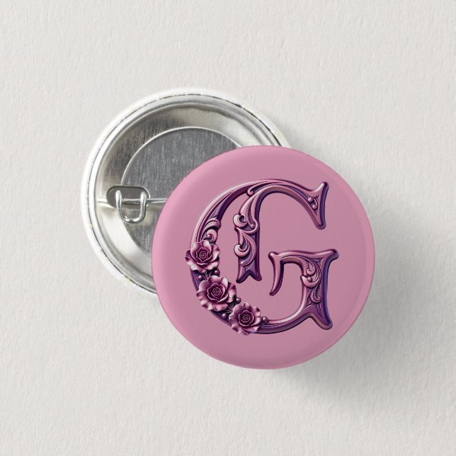 Modern Metallic Rosemaling Letter G, Pink/Purple Button (Vorne & Hinten)