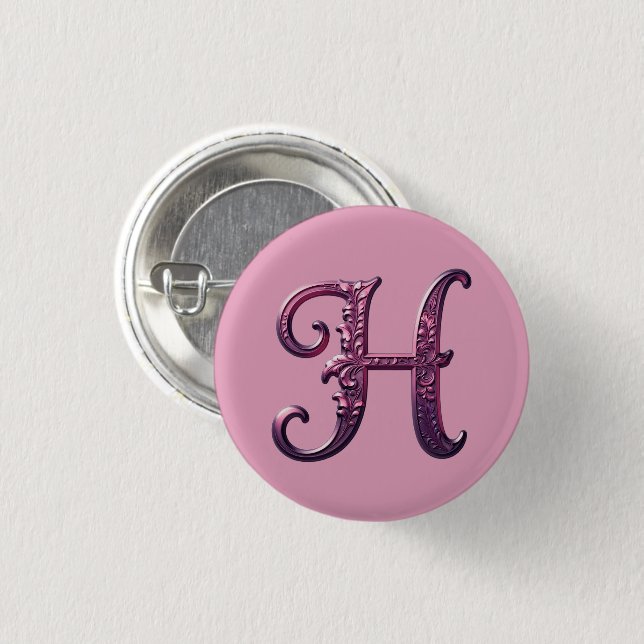 Modern Metallic Rosemaling Letter H, Pink/Purple Button (Vorne & Hinten)
