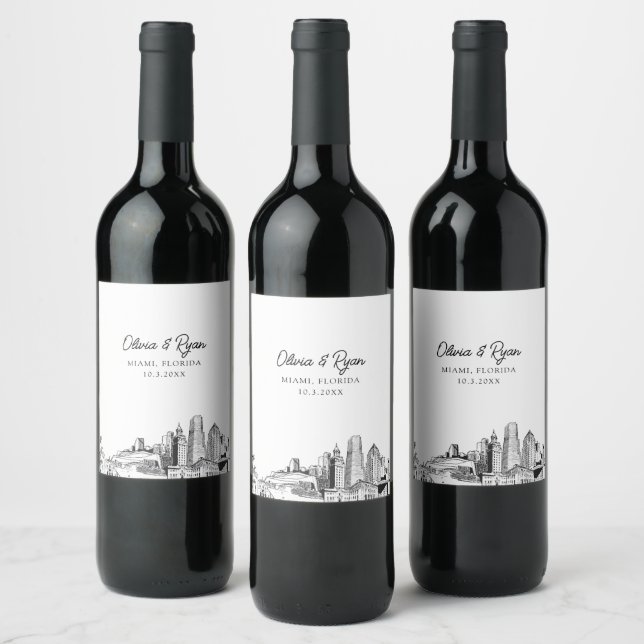 Modern Miami Sketch Wedding Custom Wine Label Weinetikett (Flaschen)