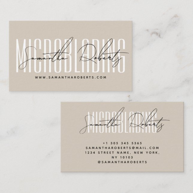 Modern microblading typography script beige visitenkarte (Vorne/Hinten)