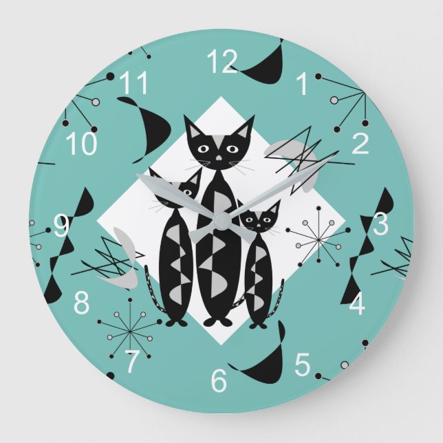 Modern Mid Century Retro Cats Cute Pattern Square  Große Wanduhr (Vorderseite)