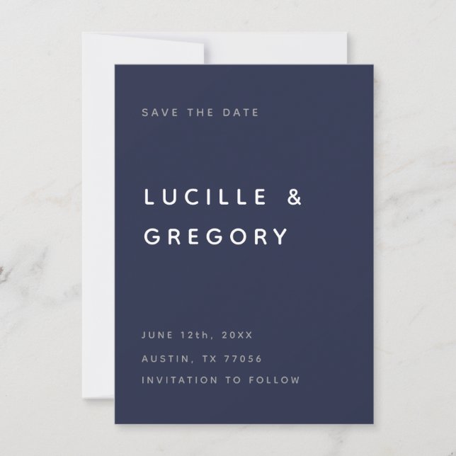 Modern Midnight Blue Editorial All Caps Save The Date (Vorderseite)