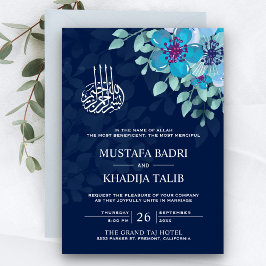 Modern Midnight Blue Floral Islamische Hochzeit Einladung