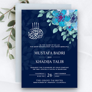 Modern Midnight Blue Floral Islamische Hochzeit Einladung
