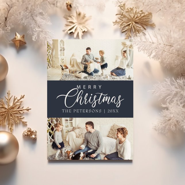 Modern Midnight Blue Foto Collage Weihnachten (Modern Midnight Blue Photo Collage Christmas Holiday Card on a table with golden Christmas decor.)
