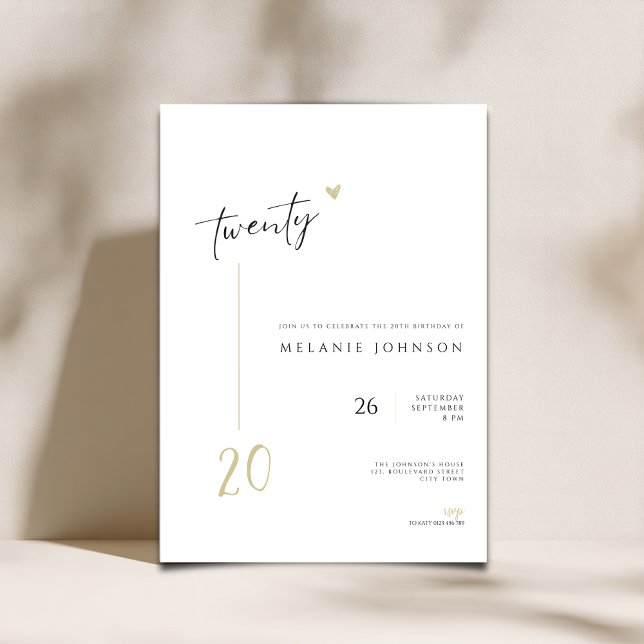 Modern Minimal 20th Birthday Party Invitation Einladung (Minimal Modern 20th birthday invitation with handwritten typography.)