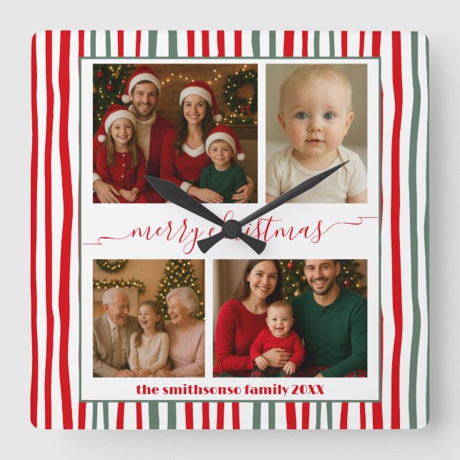 Modern Minimal 4 Photo merry Christmas Quadratische Wanduhr (Vorderseite)