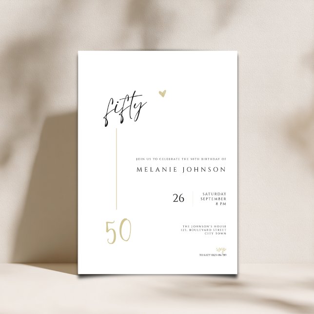 Modern Minimal 50th Birthday Party Invitation Einladung (Minmalist Modern 50th birthday invitation with handwritten typography)