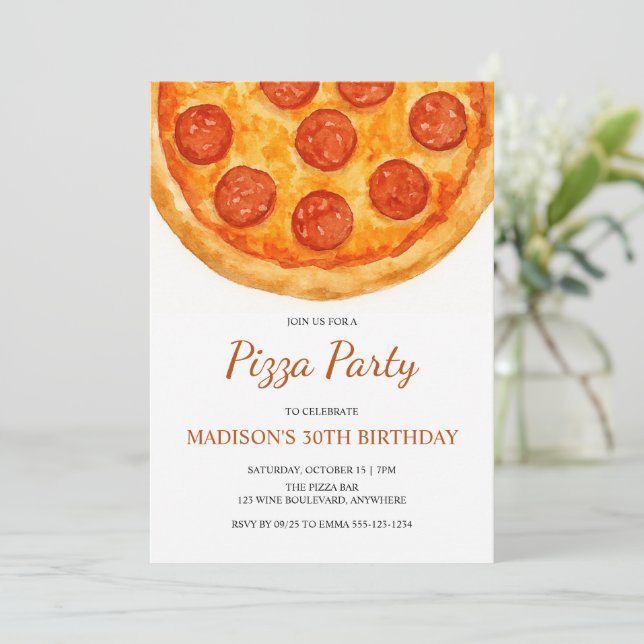 Modern Minimal Adult Birthday Pizza Party Einladung (Stehend Vorderseite)