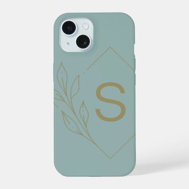 Modern Minimal Aqua Monogram Initial Botanical iPhone 15 Hülle (Rückseite)