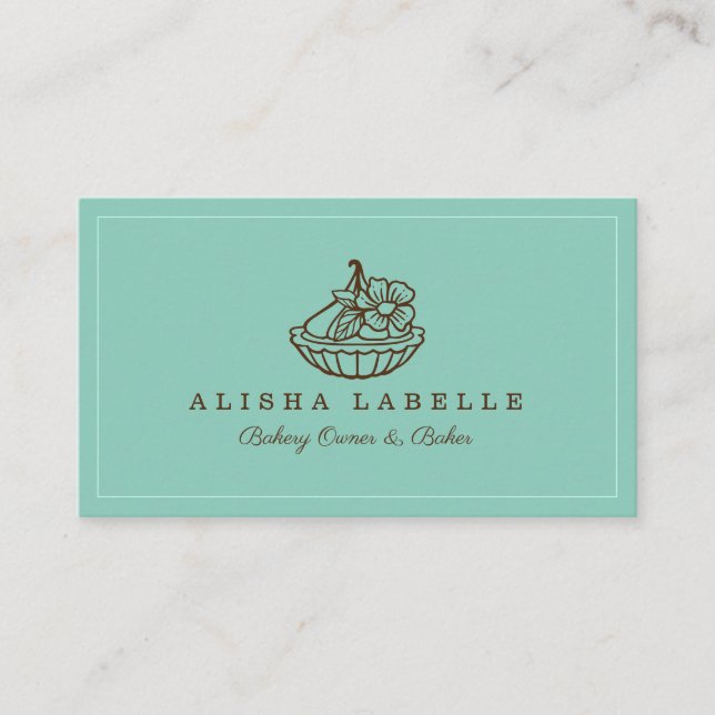 Modern & Minimal Bakery Floral Tart Logo Aquamarin Visitenkarte (Vorderseite)