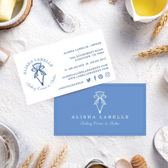 Modern & Minimal Bakery Style Piping Bag Logo Blau Visitenkarte (Von Creator hochgeladen)