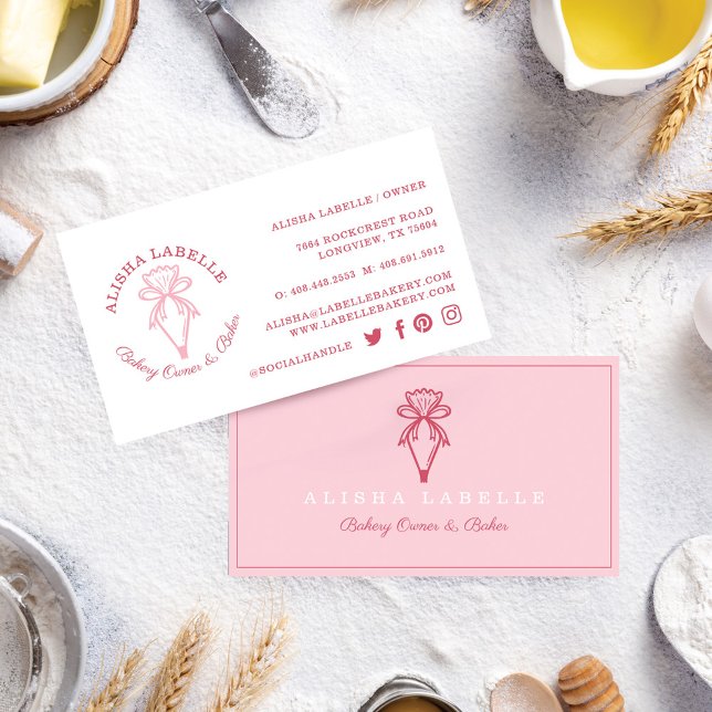 Modern & Minimal Bakery Style Piping Bag Logo Rosa Visitenkarte (Von Creator hochgeladen)
