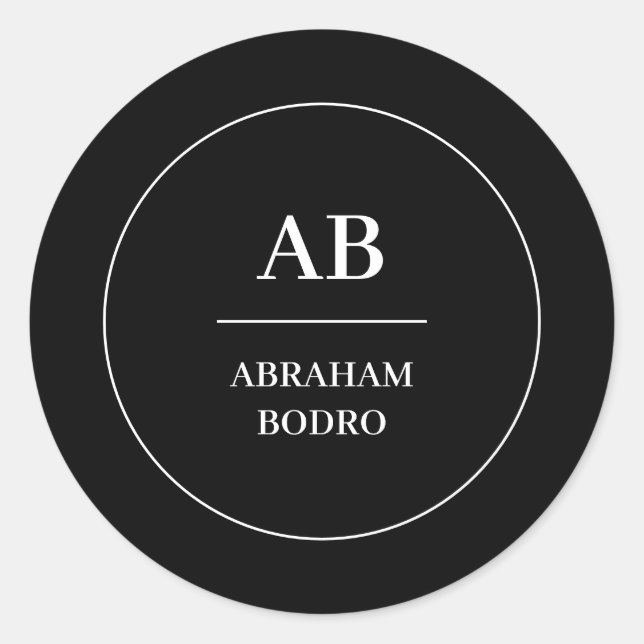 Modern Minimal Black White Monogram Design Runder Aufkleber (Vorderseite)