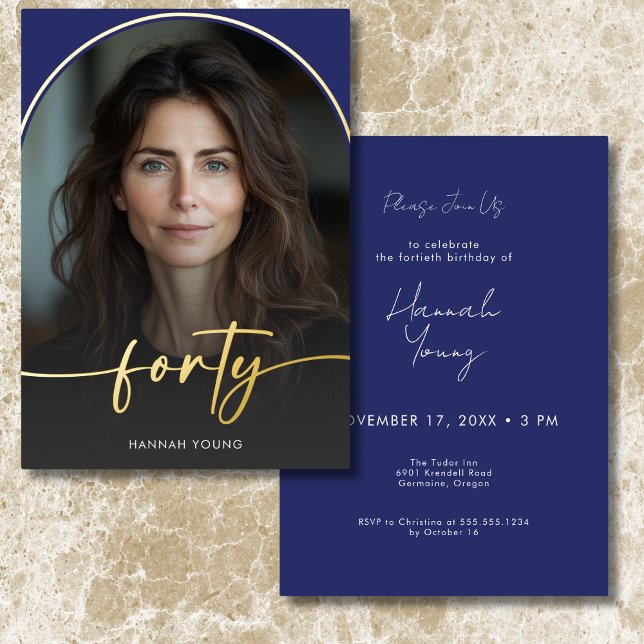 Modern Minimal Blue Arch Fortieth Birthday Folieneinladung (Modern Minimal Blue Arch Fortieth Birthday Foil Invitation)