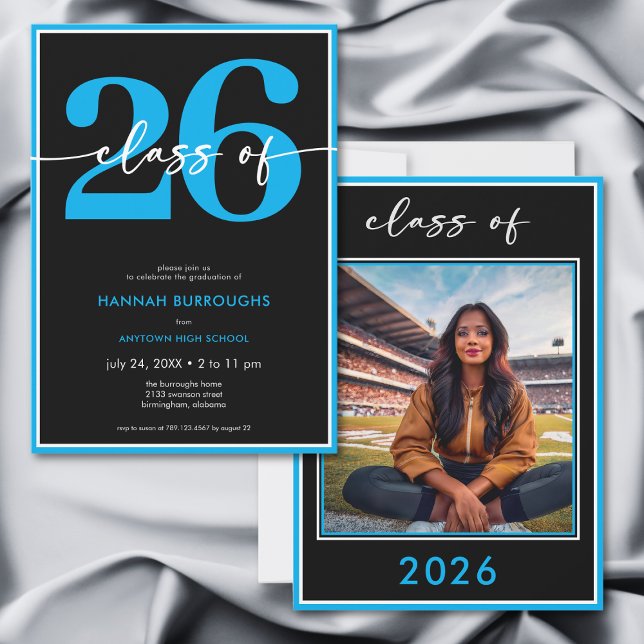Modern Minimal Blue Script Graduation Party Einladung (Modern Minimal Blue Script Graduation Party Invitation)