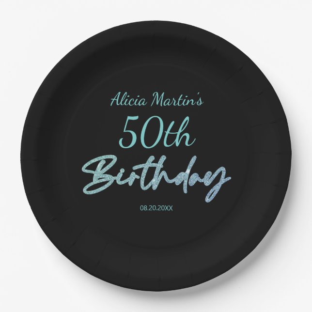 Modern & Minimal Blue Typografy Black Birthday Pappteller (Vorderseite)