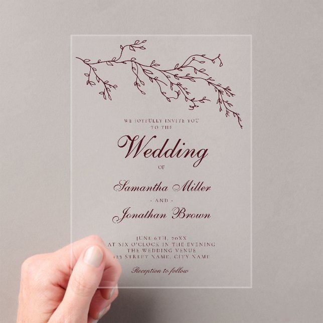 Modern Minimal Botanical Burgundy Wedding Acryleinladungen (Insitu (Handheld))