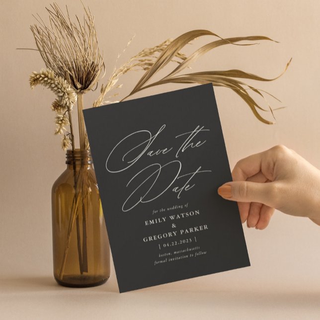 Modern Minimal Calligraphy Warm Black Wedding Save The Date (Von Creator hochgeladen)