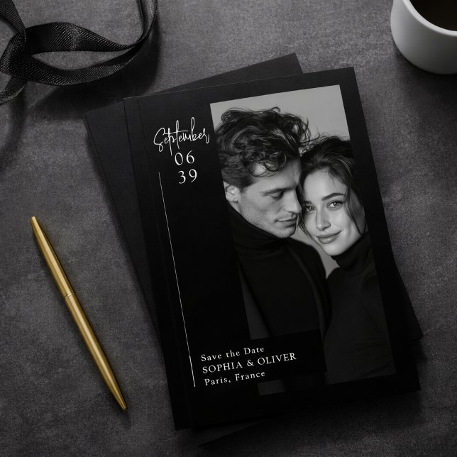 Modern Minimal Editorial Black Photo Save the Date (Von Creator hochgeladen)