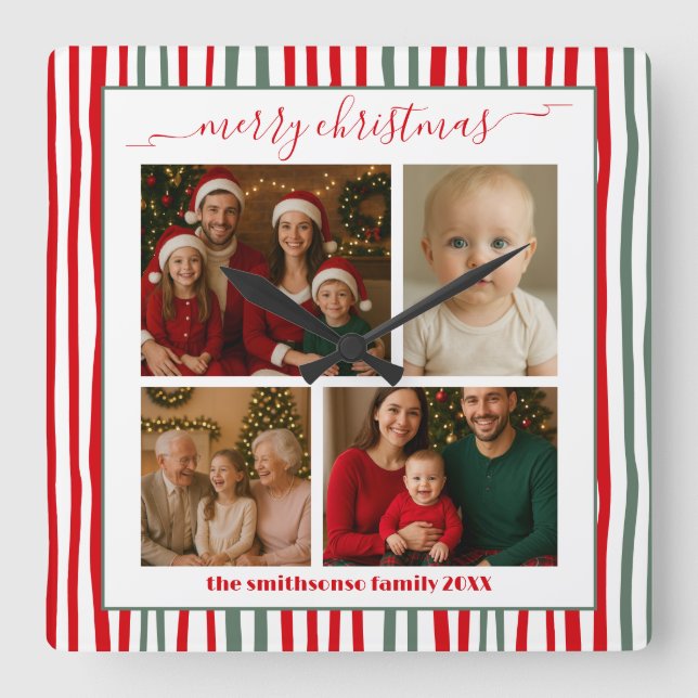 Modern Minimal family Photo merry Christmas Quadratische Wanduhr (Vorderseite)