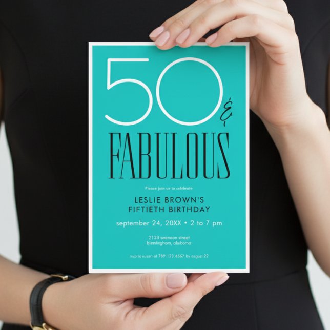 Modern Minimal Fifty Fabulous Bright Aqua Birthday Einladung (Von Creator hochgeladen)