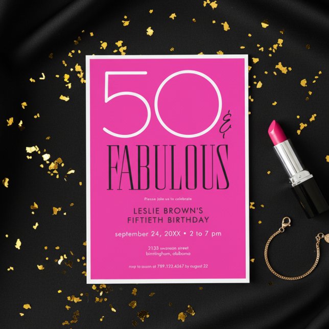 Modern Minimal Fifty Fabulous Bright Pink Birthday Einladung (Von Creator hochgeladen)