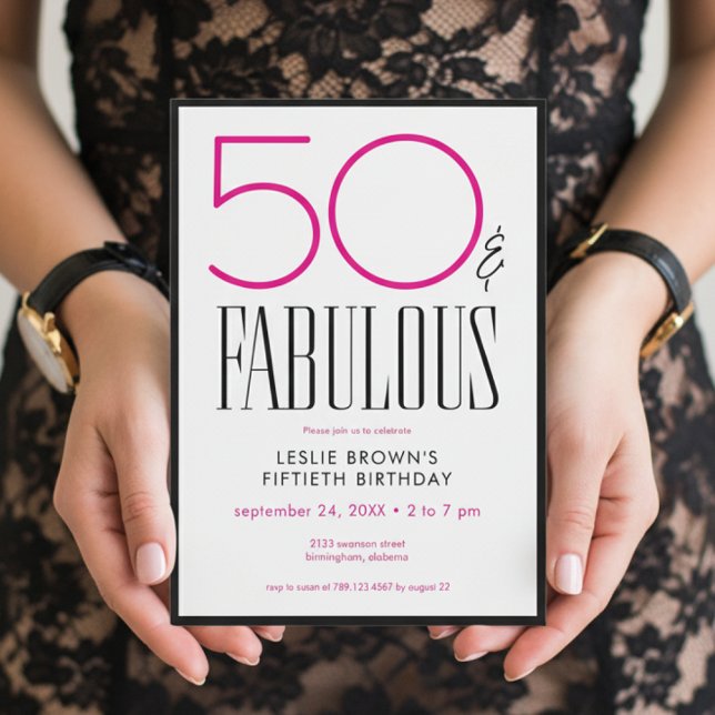 Modern Minimal Fifty Fabulous Pink White Birthday Einladung (Von Creator hochgeladen)