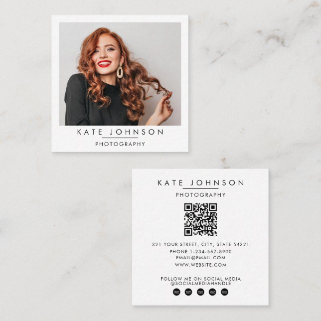 Modern Minimal Full Photo QR Code Social Media Quadratische Visitenkarte (Vorne/Hinten)