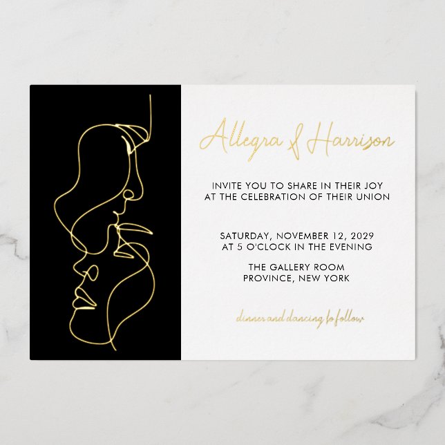 Modern Minimal Gold Black Line Art Wedding  Folieneinladung (Vorderseite)