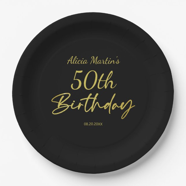 Modern & Minimal Gold Typografie Black Birthday Pappteller (Vorderseite)