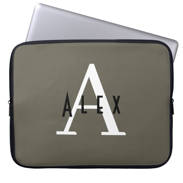 Modern Minimal grün + Name Monogram Laptopschutzhülle (Vorderseite)