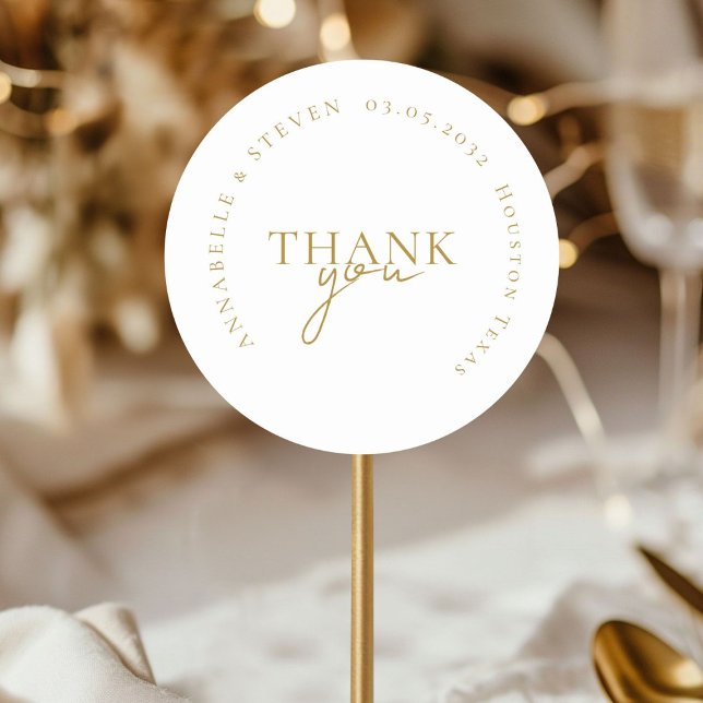 Modern, minimal, Hochzeit Runder Aufkleber (THANK YOU! Modern, Minimal, Wedding Classic Round Sticker with your name and date)