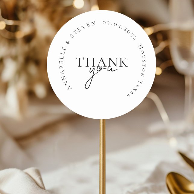 Modern, minimal, Hochzeit Runder Aufkleber (THANK YOU! Modern, Minimal, White, Wedding Classic Round Sticker with your name and date)