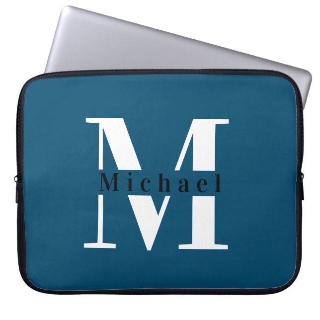 Modern Minimal Initial + Name Blue Monogram Laptopschutzhülle (Vorderseite)