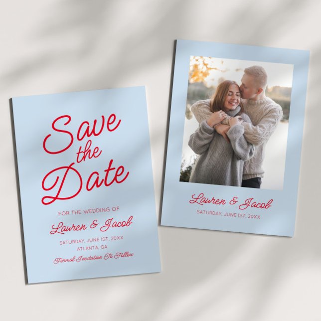 Modern Minimal Minimalist Blue and Red Wedding Save The Date (Von Creator hochgeladen)