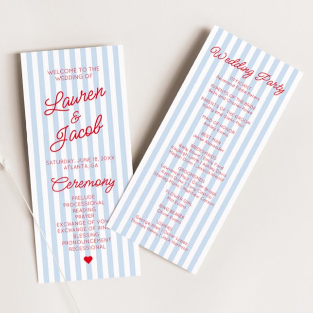 Modern Minimal Minimalist Blue Stripes Red Wedding Programm (Von Creator hochgeladen)