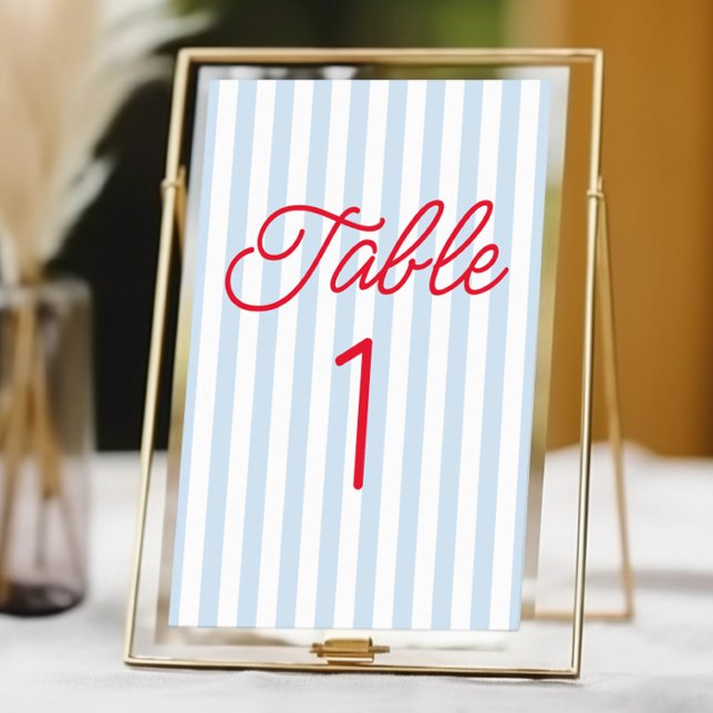 Modern Minimal Minimalist Blue Stripes Red Wedding Tischnummer (Von Creator hochgeladen)