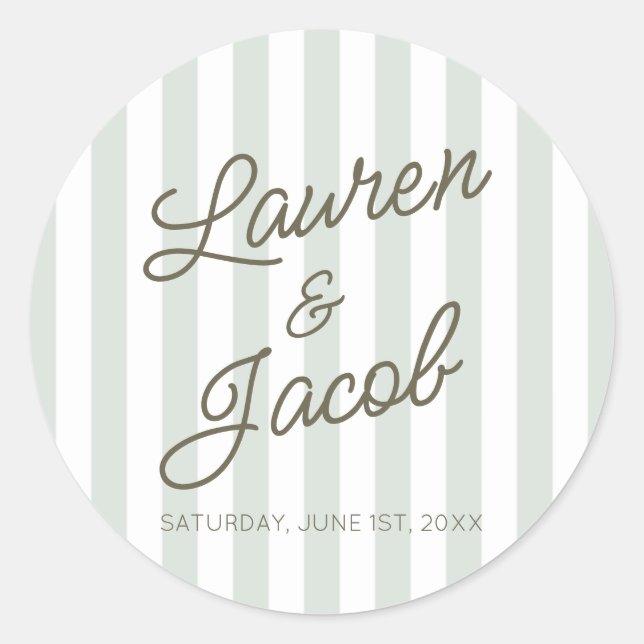 Modern Minimal Minimalist Green Stripes Wedding Runder Aufkleber (Vorderseite)