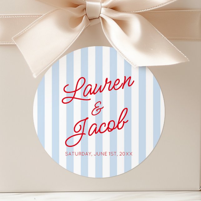 Modern Minimal Minimalist Red Blue Stripes Wedding Runder Aufkleber (Von Creator hochgeladen)
