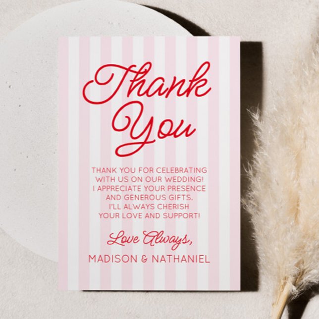 Modern Minimal Minimalist Red Pink Stripes Wedding Dankeskarte (Von Creator hochgeladen)