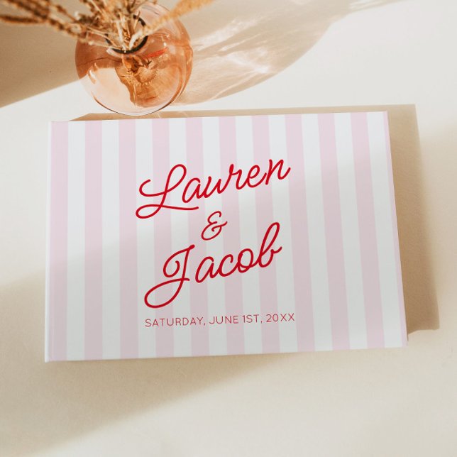 Modern Minimal Minimalist Red Pink Stripes Wedding Gästebuch (Von Creator hochgeladen)