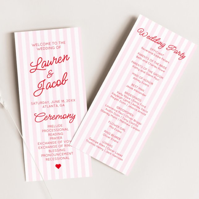 Modern Minimal Minimalist Red Pink Stripes Wedding Programm (Von Creator hochgeladen)