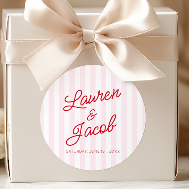 Modern Minimal Minimalist Red Pink Stripes Wedding Runder Aufkleber (Von Creator hochgeladen)
