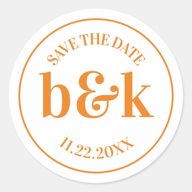 Modern Minimal Monogram Rett Date Orange Wedding Runder Aufkleber (Vorderseite)