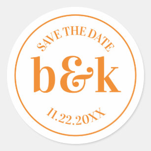 Modern Minimal Monogram Rett Date Orange Wedding Runder Aufkleber